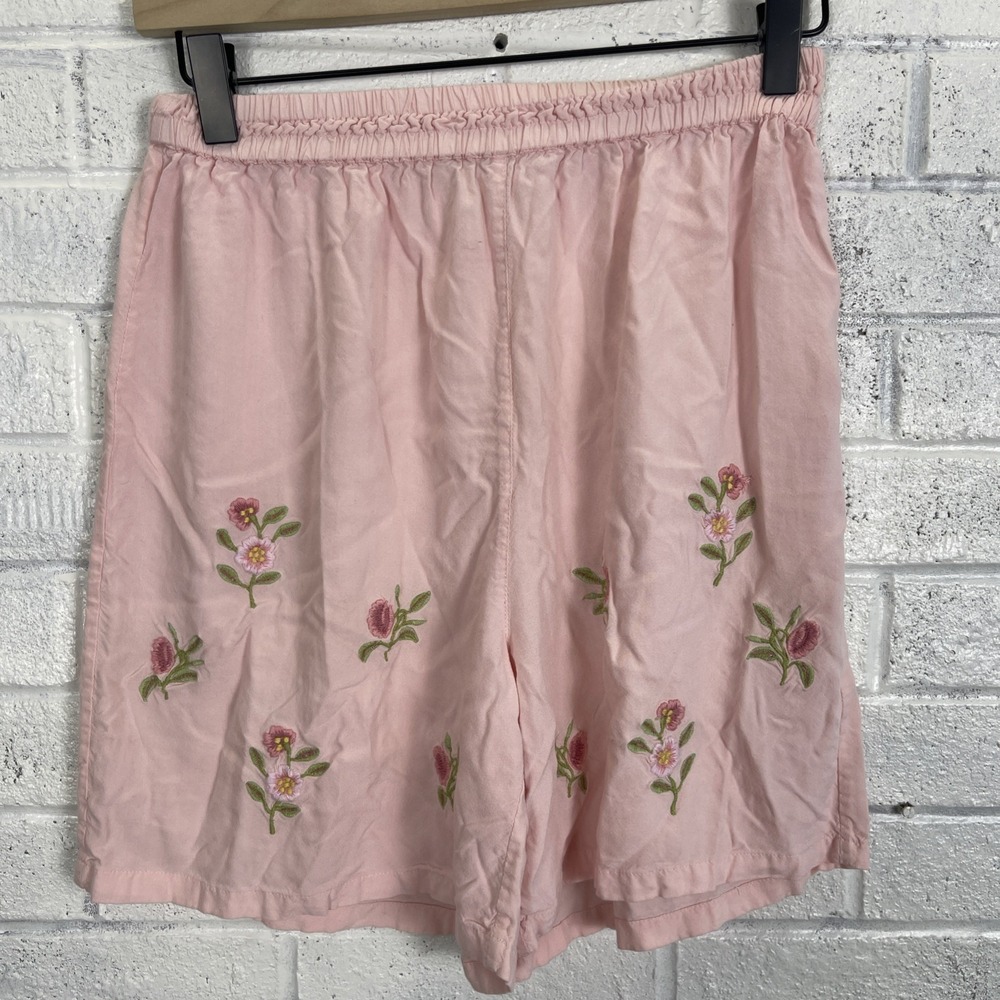 April Cornell Pink Floral Embroidered Shorts Womens XS Elastic Waist Cottagecore